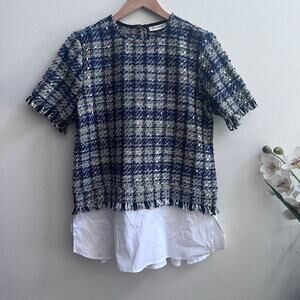 Neiman Marcus Women's Knitted Tweed Short Sleeve Blue Multicolor Blouse Size M